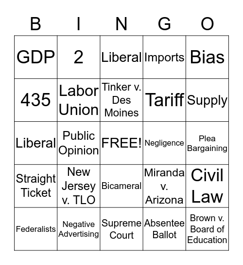 Civics Review Bingo Card