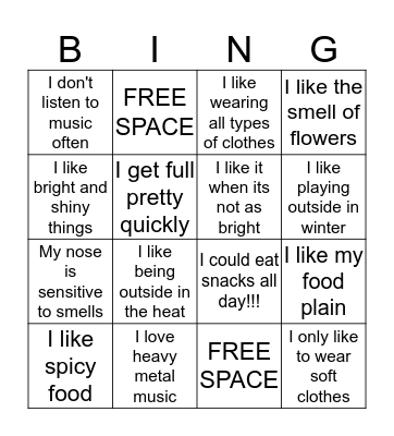 Sensory Bingo Card