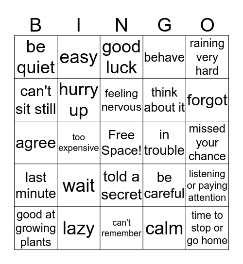 Idioms Bingo Card