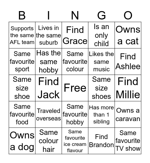 Getting to know ya! Bingo Card