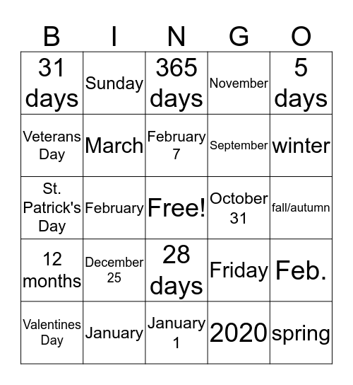 Calendar Bingo Card