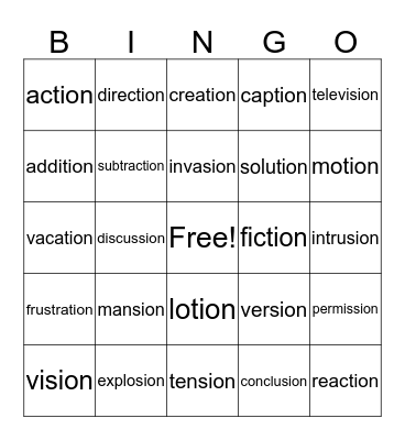 sion and tion Bingo Card