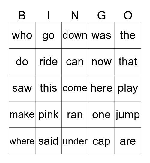 Sight Word Bingo Card