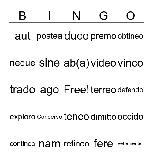 Latin Bingo Card