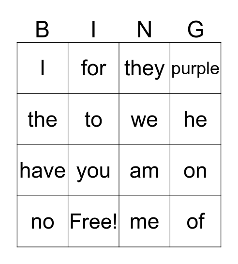 Site Words Bingo Card