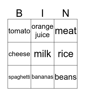 Food Bingo Card