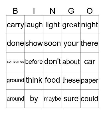Sight Words Bingo Card