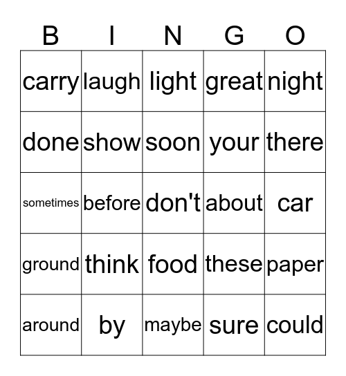 Sight Words Bingo Card