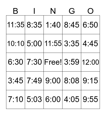 Telling Time Bingo Card