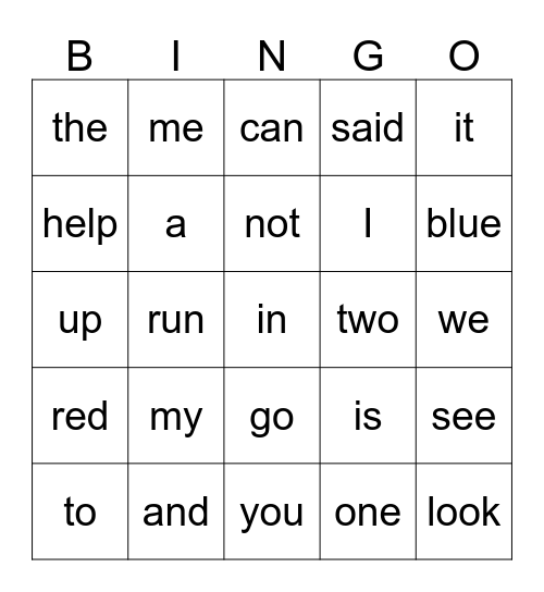 Pre-K words Bingo Card