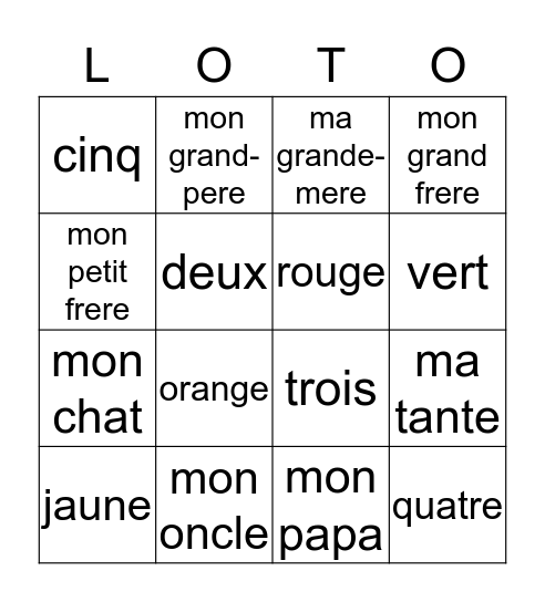 Ma Famille Bingo Card
