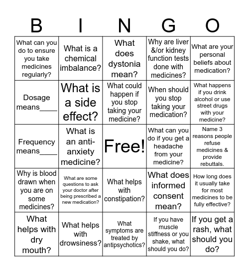 Medicine Bingo Card