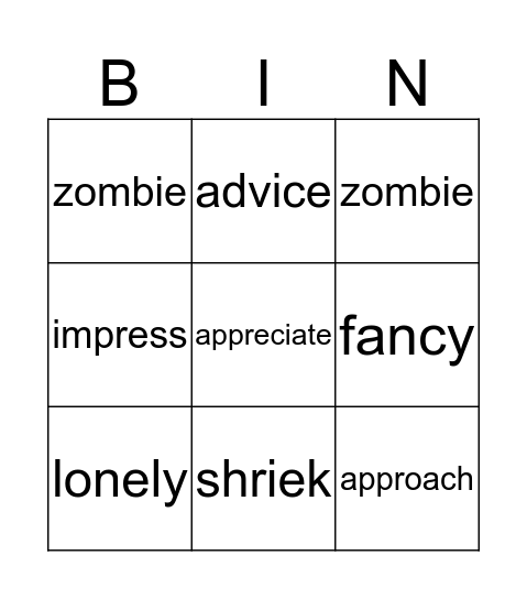 Zombie in Love Bingo Card