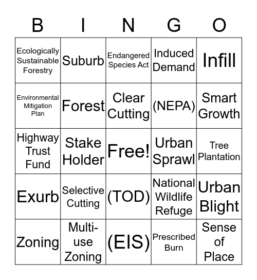 Land Use Bingo Card