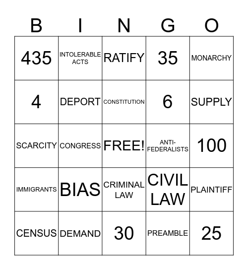 Civics Review Bingo Card