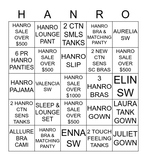 SELL HANRO - WIN HANRO Bingo Card