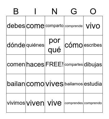 Sp1 er/ir verbs Bingo Card
