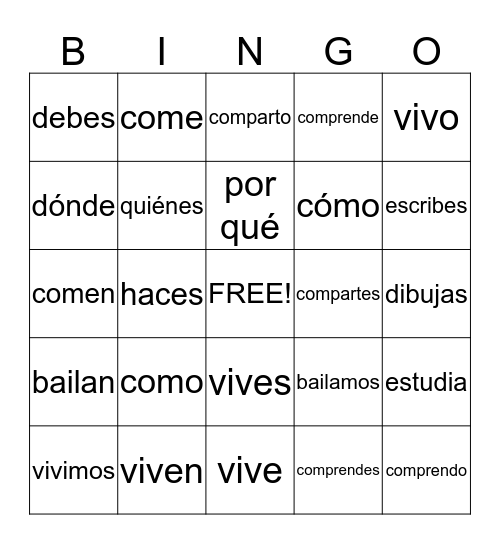 Sp1 er/ir verbs Bingo Card