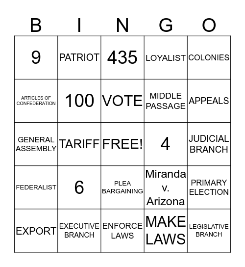 Civics Review Bingo Card
