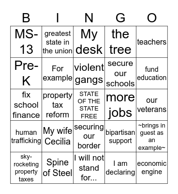 Texas State of The State - 86th Session Bingo Card