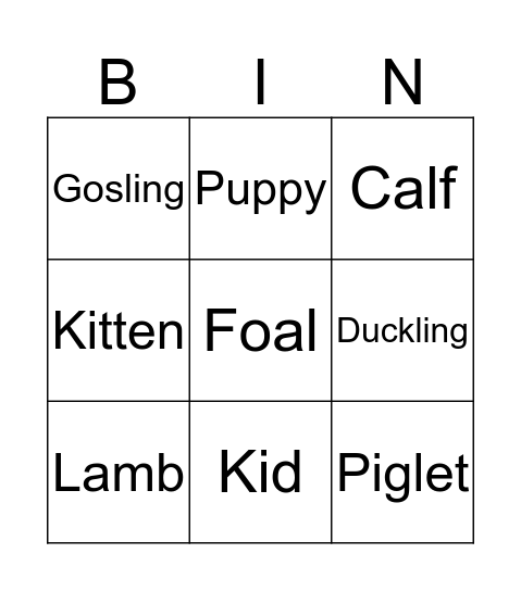 Farm Animals Bingo Card