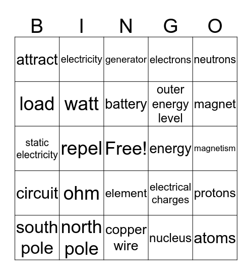 Electricity Bingo Card