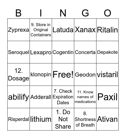 Medication Bingo Card