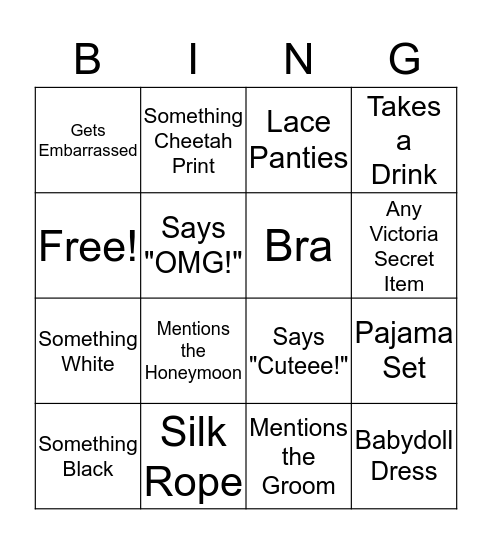 Lingerie Shower Bingo Card