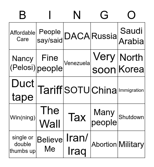 SOTU 2/5/19 Bingo Card