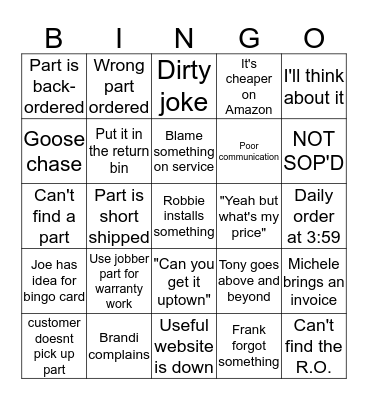 PARTS DEPARTMENT BINGO Card