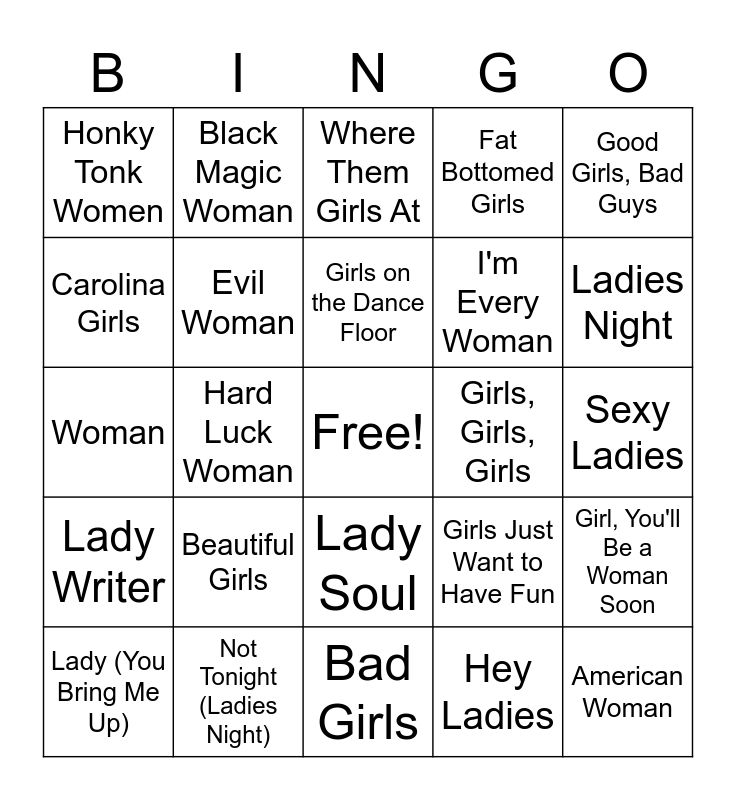 Music Bingo: Ladies Night bingo card with Ain't No Woman..., American ...