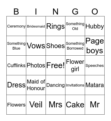 Bridal Bingo Card