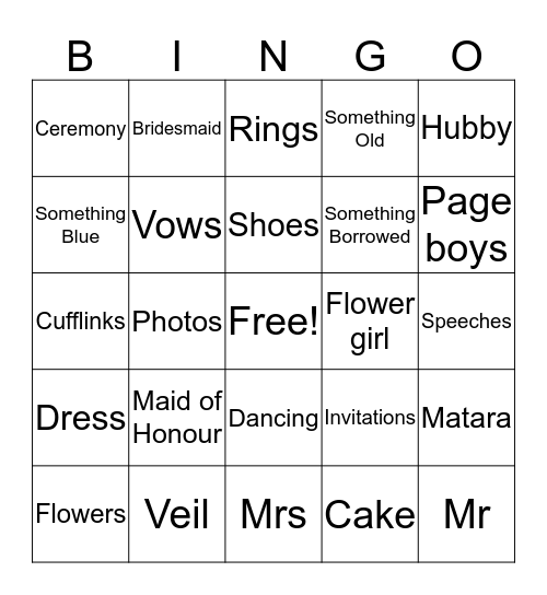 Bridal Bingo Card