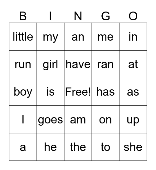 High Frequency Words Bingo Card