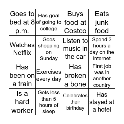 Student mingle 4 Bingo Card