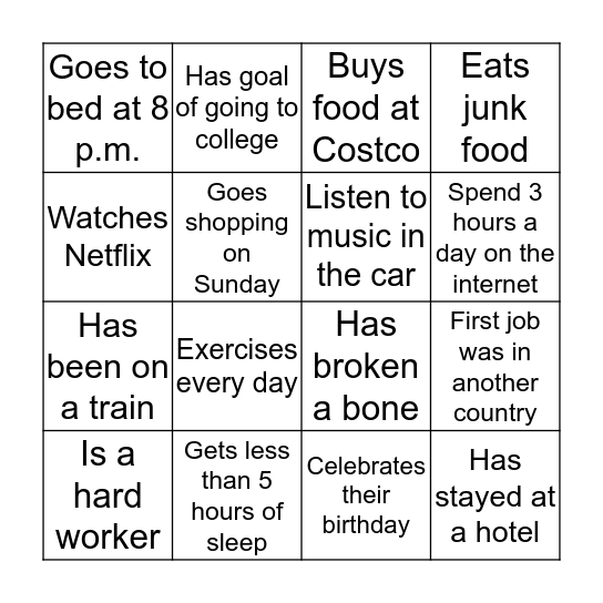 Student mingle 4 Bingo Card