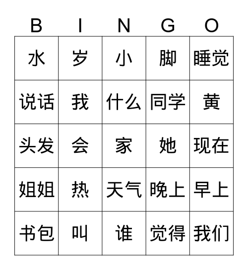 汉语3 Bingo Card