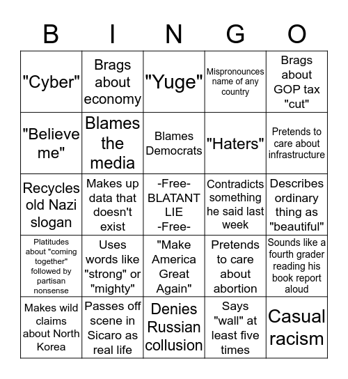 Trump SOTU Bingo Card