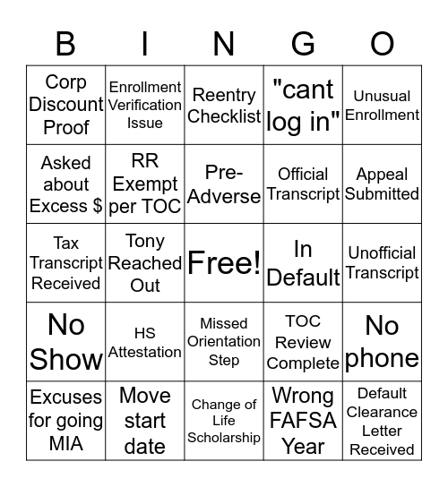 Spring Quarter Bingo Card