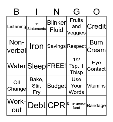 College Survival  Bingo Card