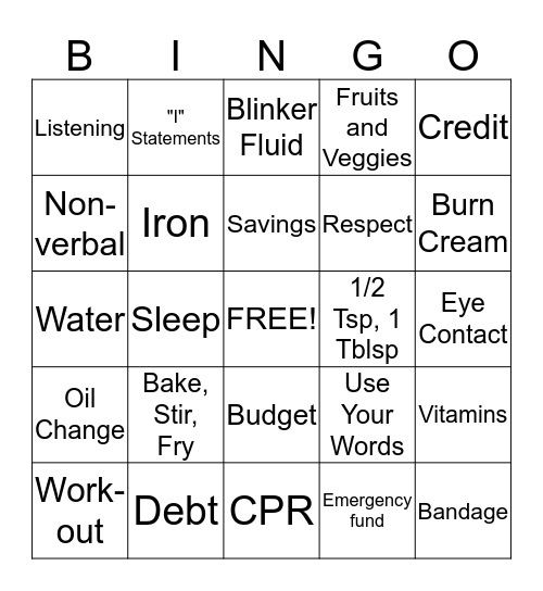 College Survival  Bingo Card