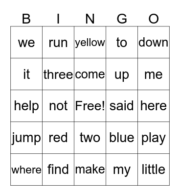 No Glam Sight Word Preprimer Bingo Card