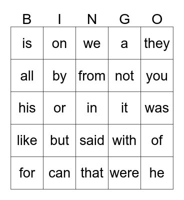 sight words Bingo Card