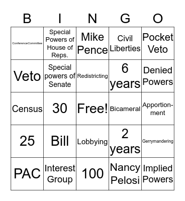 Legislative Branch Bingo Card