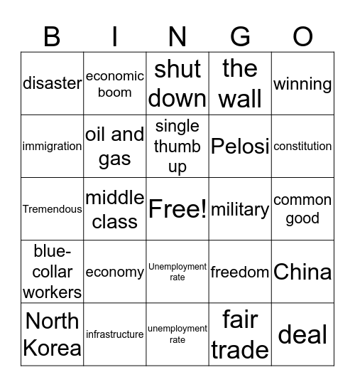 State of the Union Address Bingo Card