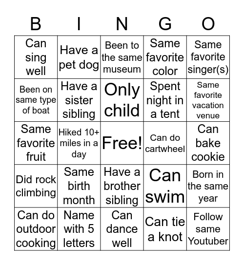 Know a bit more about you! Bingo Card