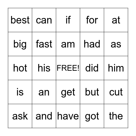 High Frequency Words Bingo Card