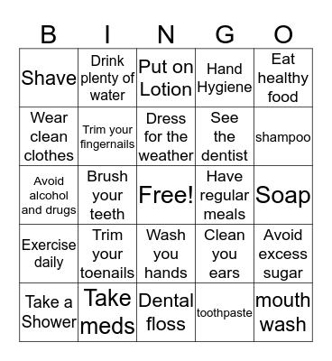 ADLS - Taking care of my body Bingo Card