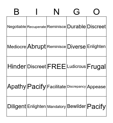 Vocabulary Bingo Card