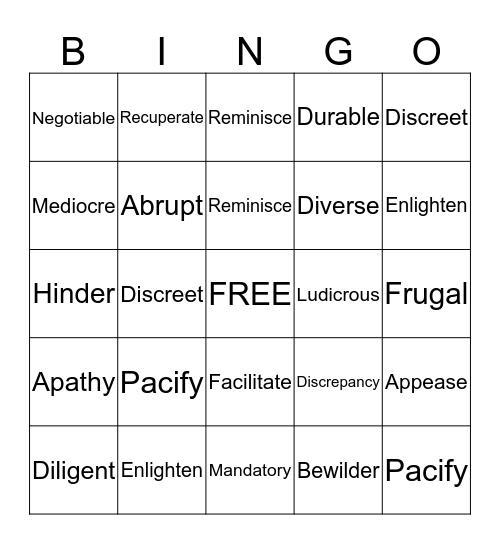 Vocabulary Bingo Card